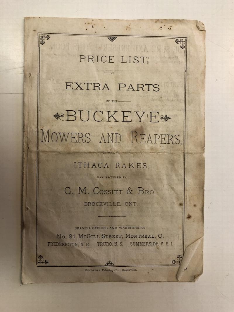 Image for Price List of Extra Parts of the Buckeye Mowers and Reapers, and Ithaka Rakes. Manufactured by G. M. Cossitt & Bro., Brockville, Ont.